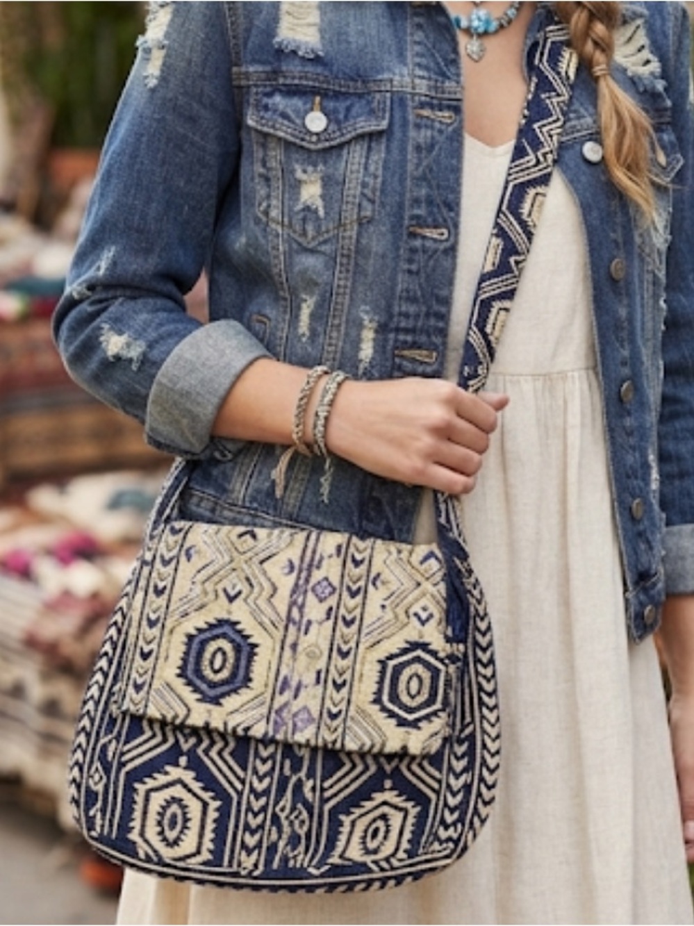STEPHANIE NICOLE NEW YORK Tribal Print Beaded Boho Crossbody Bag
